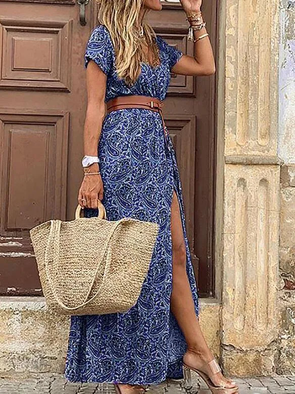 Bohemian Long Short Sleeve Printed V Neck Slit Dress