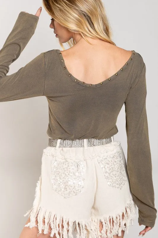 Bohemian POL Studded Ribbed V-Neck Top