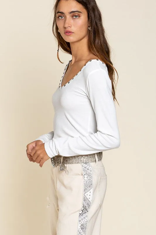 Bohemian POL Studded Ribbed V-Neck Top