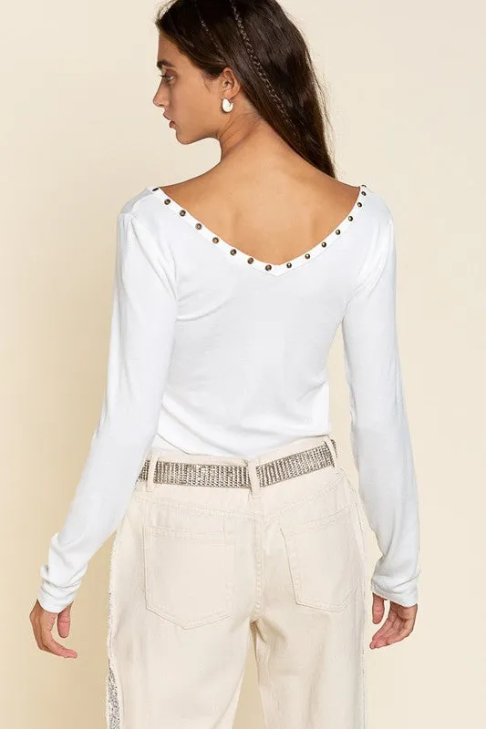 Bohemian POL Studded Ribbed V-Neck Top