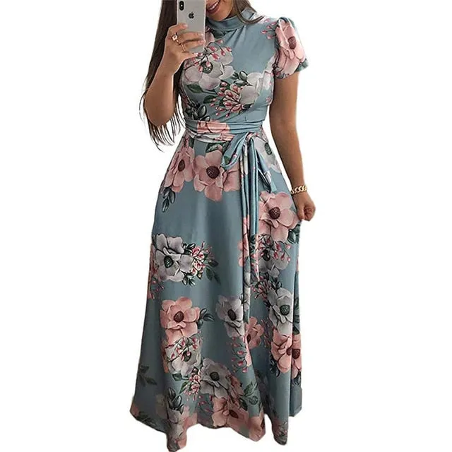 Boho Floral Print Casual Short Sleeve Long Maxi Dress