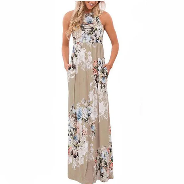 Boho Floral Printed Sundress O-neck Summer Sexy Pleated Maxi Dress 2017 Casual Beachwear Femininos Vestidos Plus Size LX328