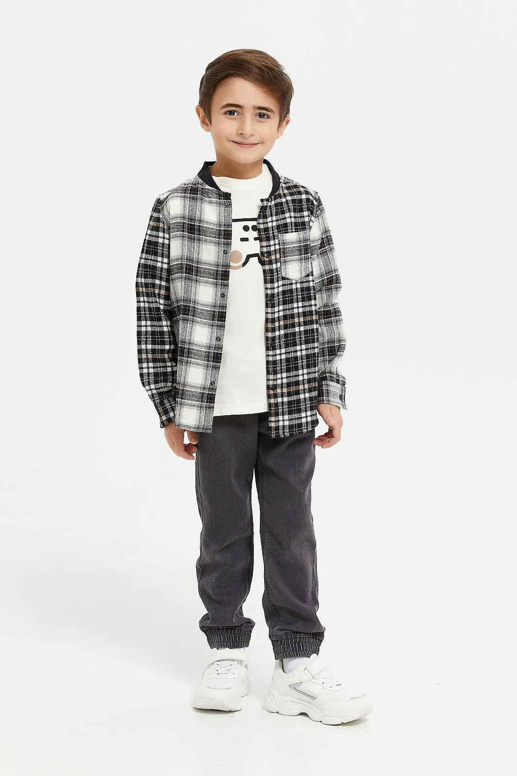 Boys Black Base Ball Flannel Shirt With T-Shirt (2 Piece)