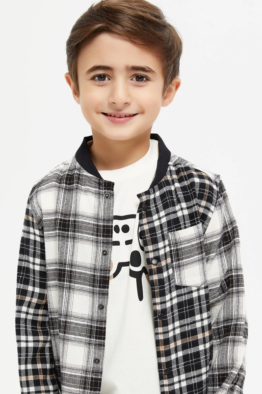 Boys Black Base Ball Flannel Shirt With T-Shirt (2 Piece)