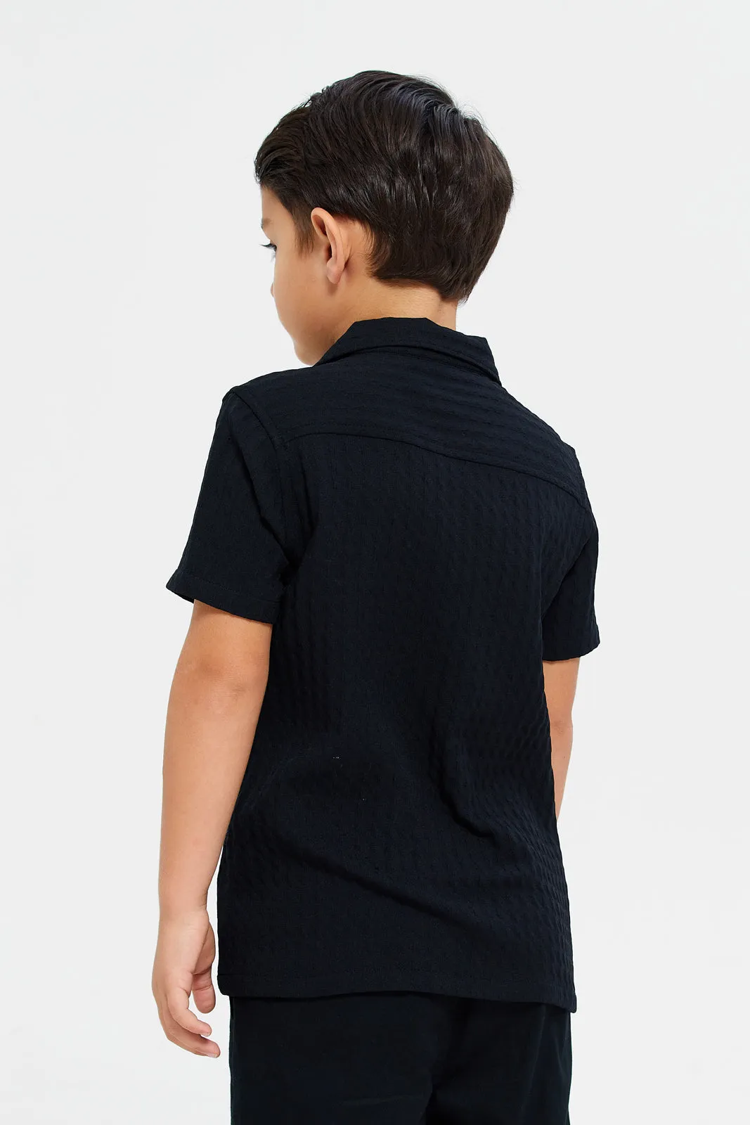 Boys Black Jacquard Resort Collar Shirt