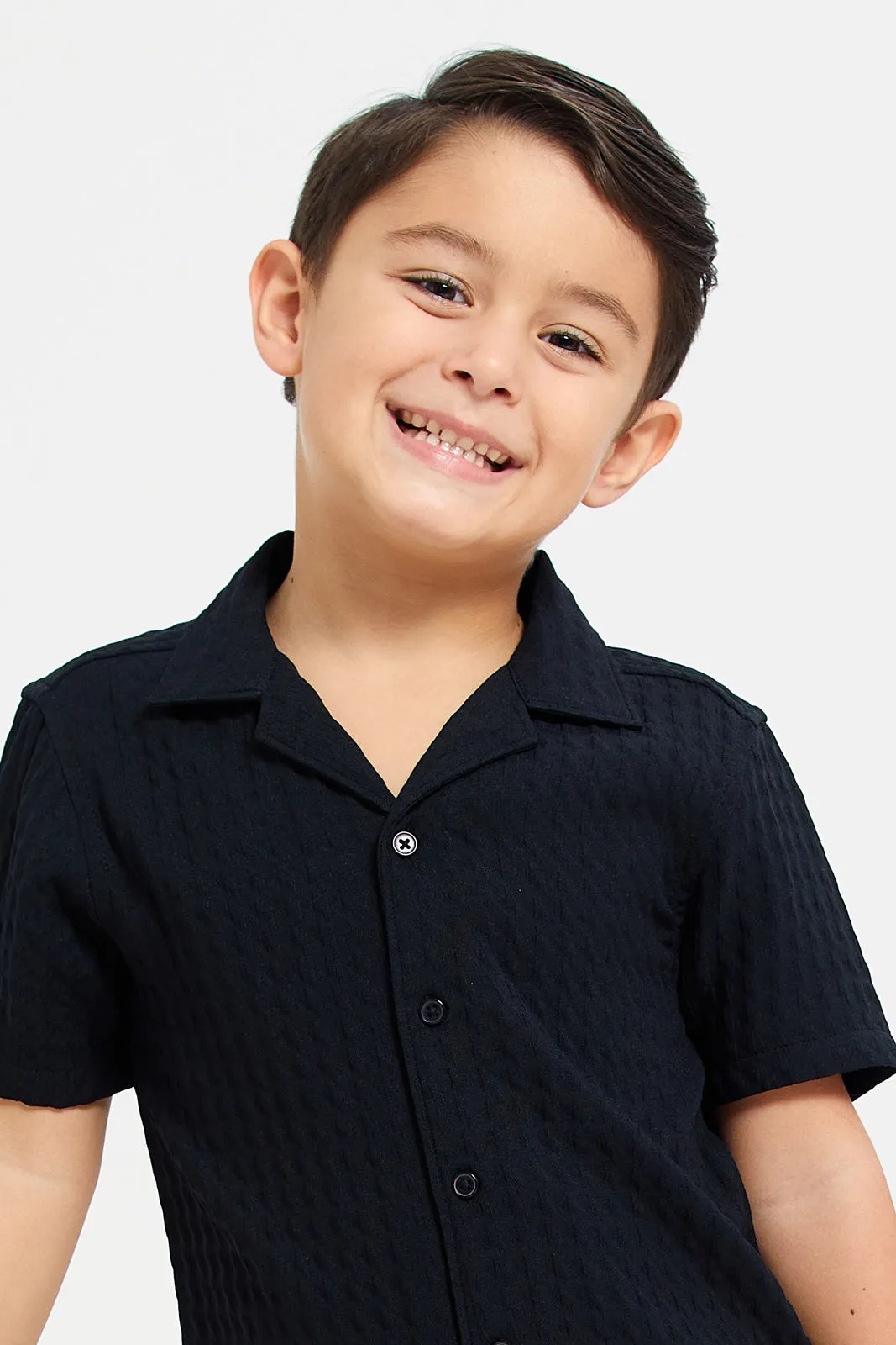 Boys Black Jacquard Resort Collar Shirt