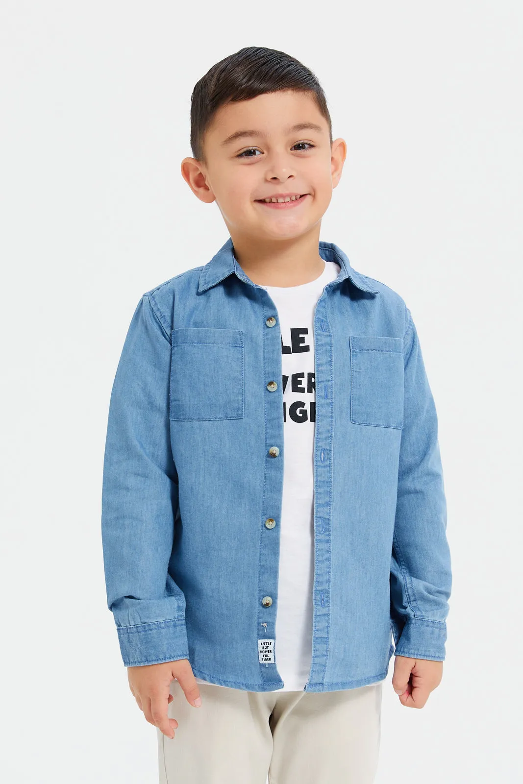 Boys Blue And White Shirt With T-Shirt Set (2 Piece)