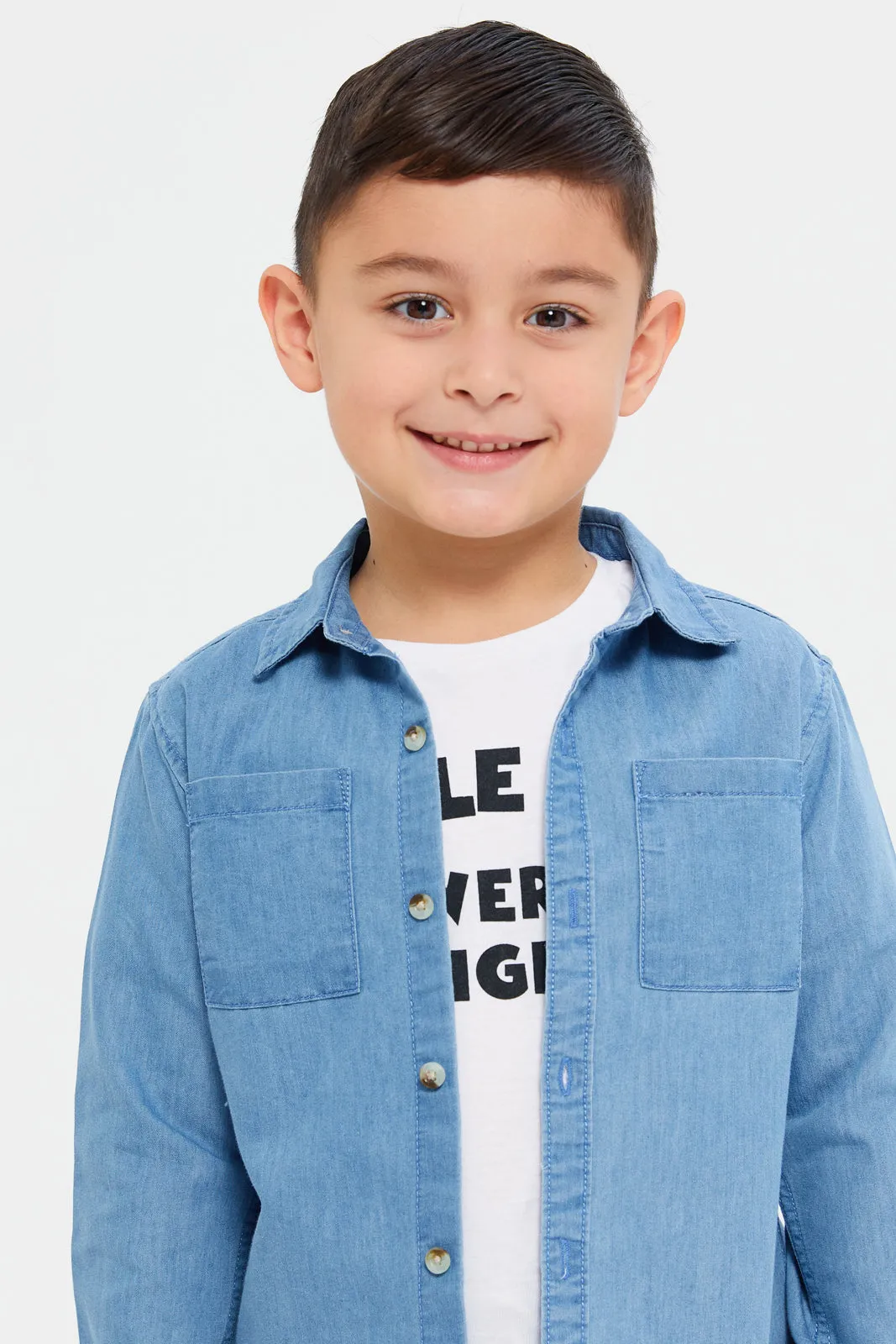 Boys Blue And White Shirt With T-Shirt Set (2 Piece)