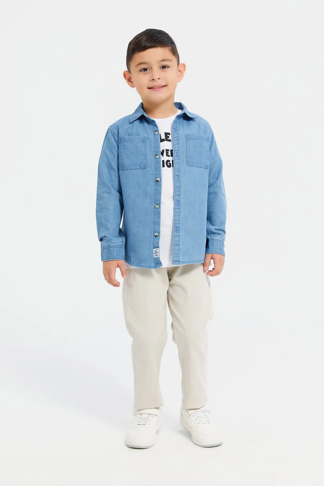 Boys Blue And White Shirt With T-Shirt Set (2 Piece)