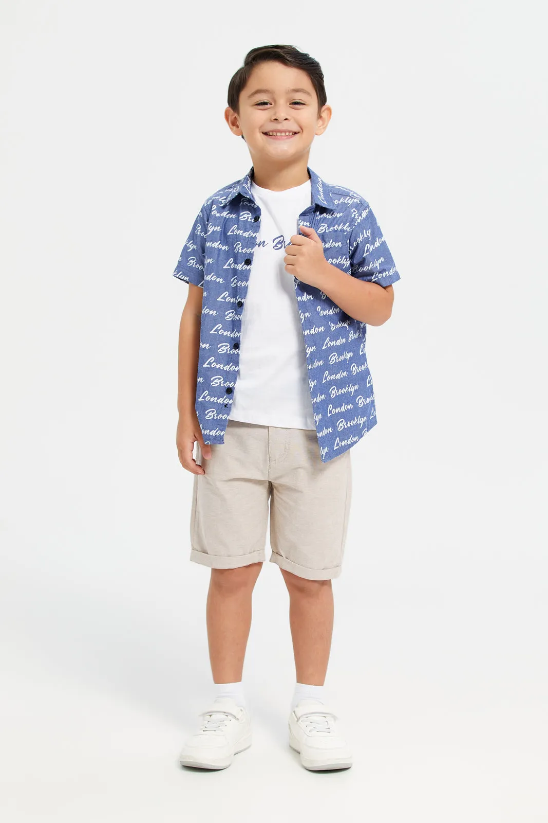 Boys White And Blue Shirt With T-Shirt Set (2 Piece)