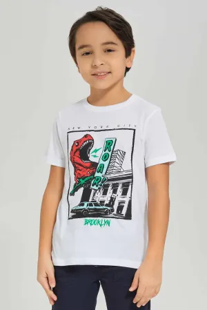 Boys White Dino Printed T-Shirt