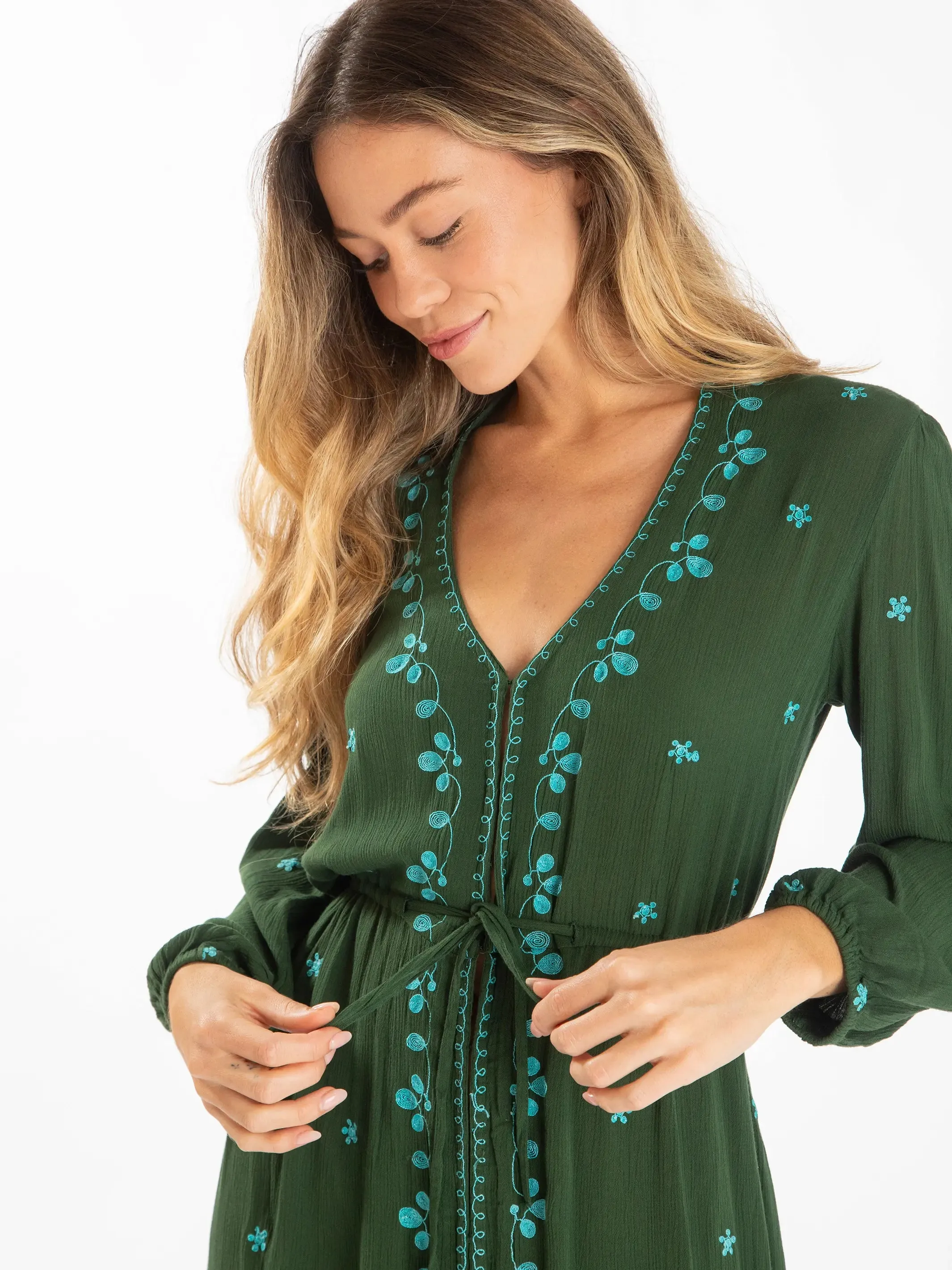 Brae Embroidered Midi Dress - Dark Sage