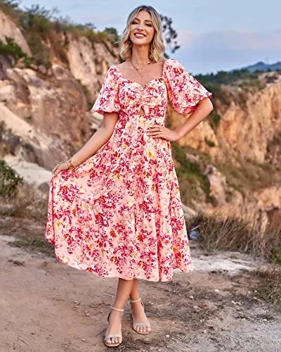 BTFBM Women Summer Dresses 2023 Casual Flowy Beach Square Neck Puff Short Sleeve Smocked Back Boho Floral Long Maxi Dress