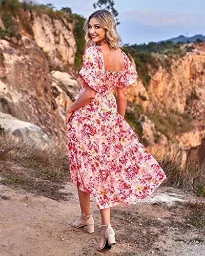 BTFBM Women Summer Dresses 2023 Casual Flowy Beach Square Neck Puff Short Sleeve Smocked Back Boho Floral Long Maxi Dress