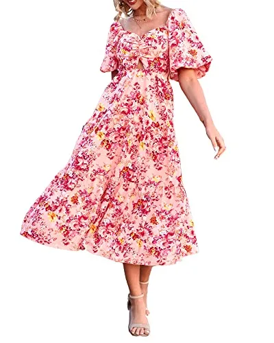 BTFBM Women Summer Dresses 2023 Casual Flowy Beach Square Neck Puff Short Sleeve Smocked Back Boho Floral Long Maxi Dress