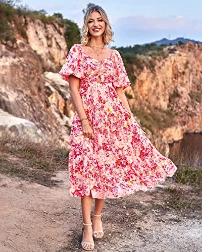 BTFBM Women Summer Dresses 2023 Casual Flowy Beach Square Neck Puff Short Sleeve Smocked Back Boho Floral Long Maxi Dress