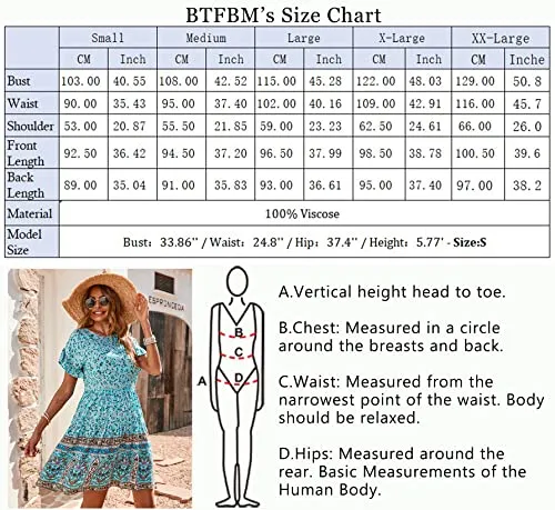 BTFBM Women's Casual Short Sleeve Boho Summer Dresses Crewneck Floral Print High Waist Beach Cute Mini Swing Flowy Dress (Large, Floral Blue)