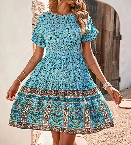 BTFBM Women's Casual Short Sleeve Boho Summer Dresses Crewneck Floral Print High Waist Beach Cute Mini Swing Flowy Dress (Large, Floral Blue)