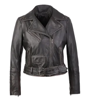 Carla Womens Distressed Short Biker Leather Jacket