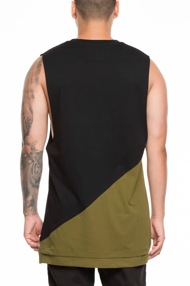 CARRÉ DIAGONAL PANEL 2 MUSCLE TEE BLACK/OLIVE