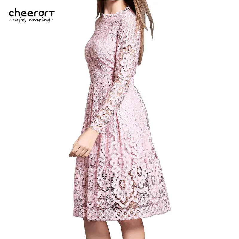 cheerart High Quality Women Bohemian White Lace Autumn Crochet Casual Long Sleeve Plus Size Pink/White/Black/Red Dress Clothing