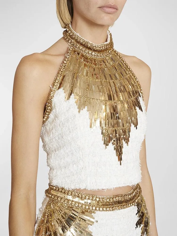 Cleo Beaded Halterneck Tweed Crop Top