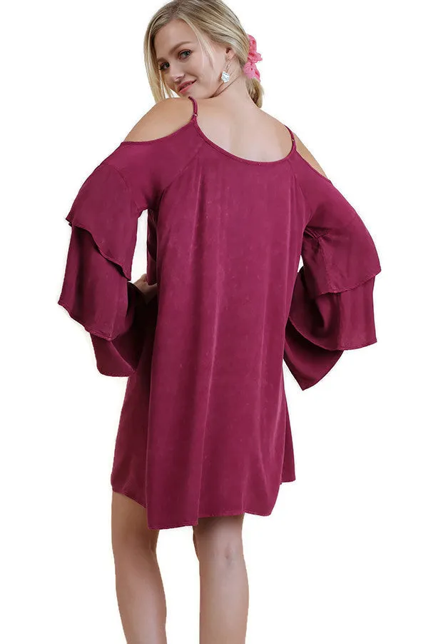 Cold Shoulder Layered Bell Sleeve Dress, Berry