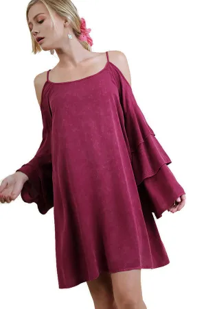 Cold Shoulder Layered Bell Sleeve Dress, Berry