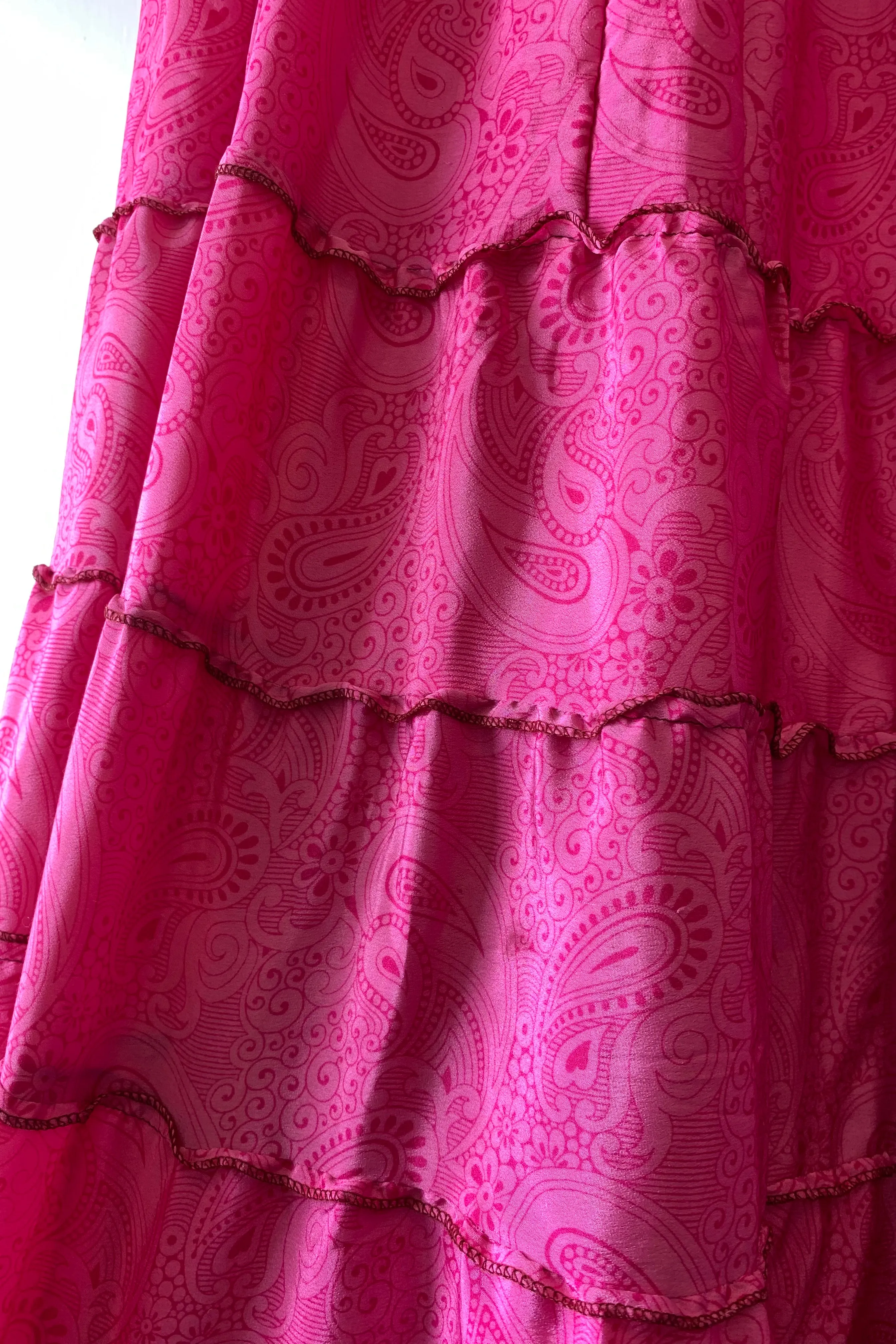 Delilah Maxi Dress - Bright Magenta Pink Paisley - Vintage Sari - Free Size M/L