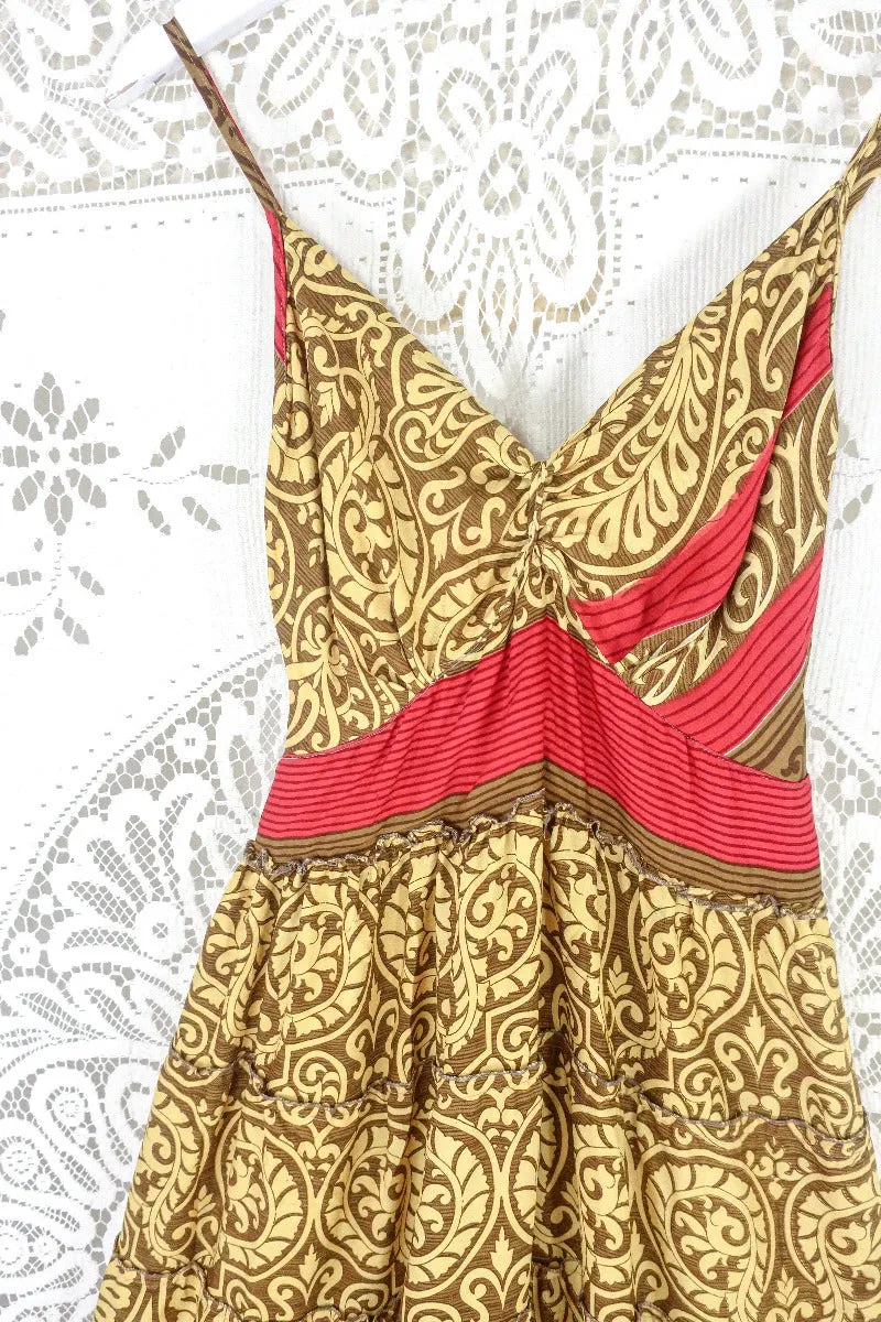 Delilah Maxi Dress - Daffodil Yellow & Wood Paisley - Vintage Sari - Free Size S