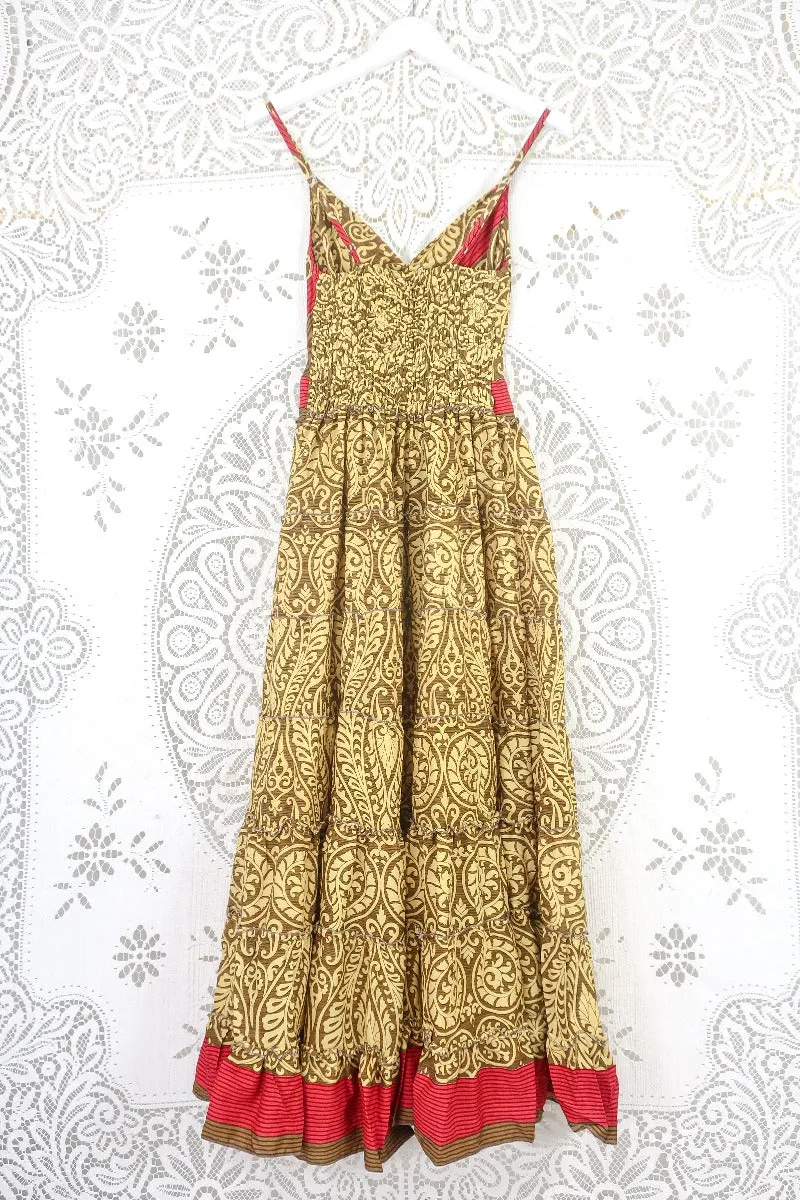 Delilah Maxi Dress - Daffodil Yellow & Wood Paisley - Vintage Sari - Free Size S