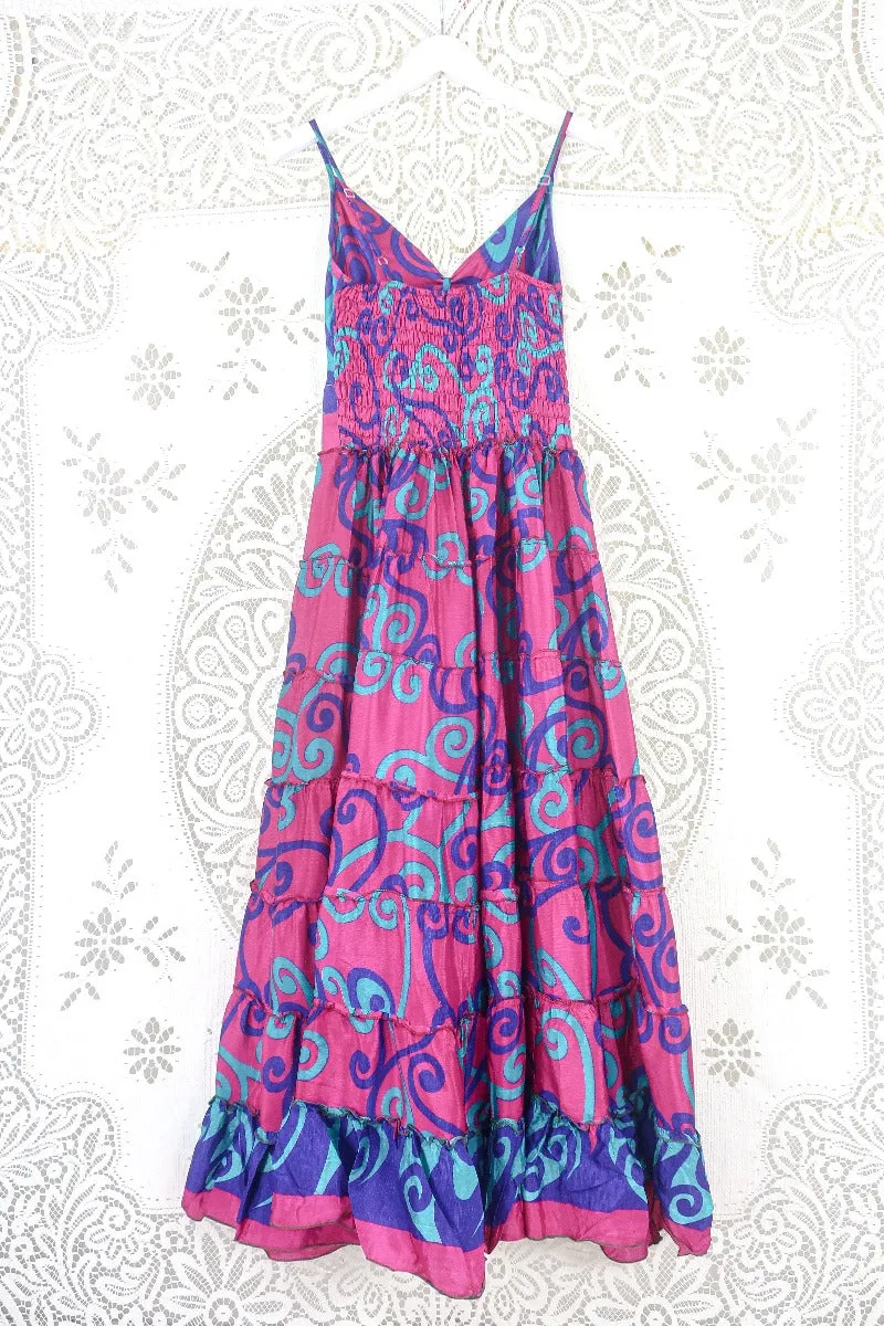 Delilah Maxi Dress - Magenta Pink, Plum & Jade Swirl - Vintage Sari - Free Size M/L