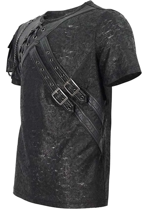 Devil Fashion Gothic Punk Harness T-Shirt - Distressed Black with Faux Leather Straps (Unisex)