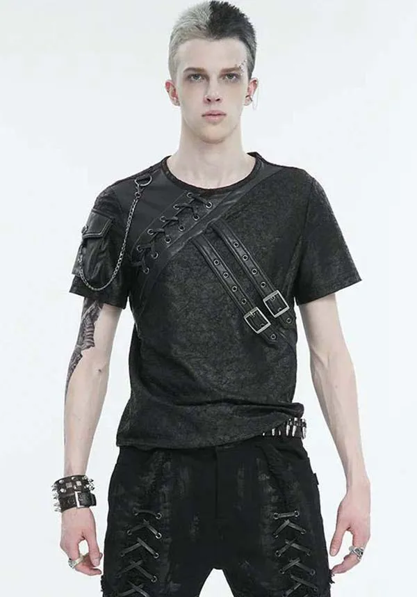 Devil Fashion Gothic Punk Harness T-Shirt - Distressed Black with Faux Leather Straps (Unisex)