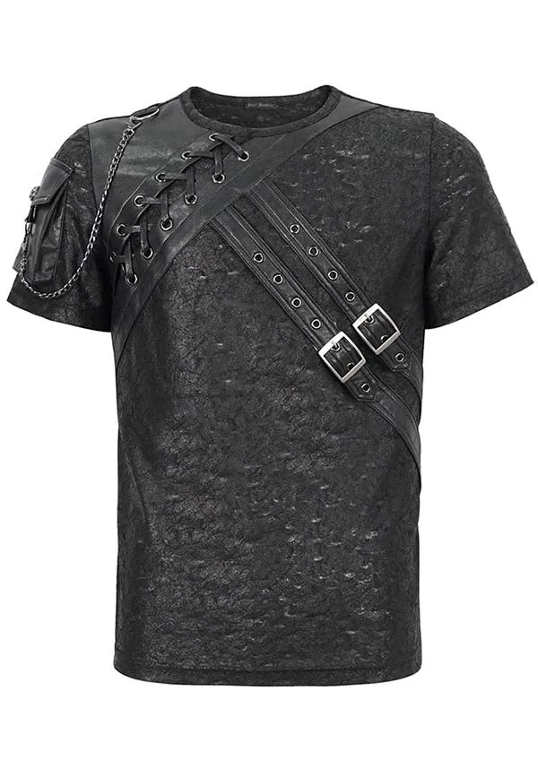 Devil Fashion Gothic Punk Harness T-Shirt - Distressed Black with Faux Leather Straps (Unisex)