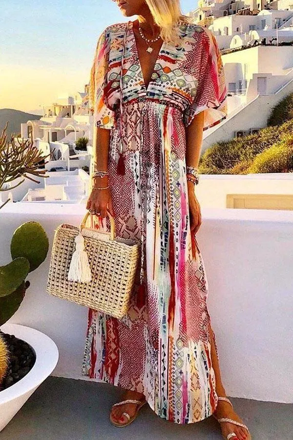 Dunnmall Bohemian Print Plunging Neck Maxi Slit Dress