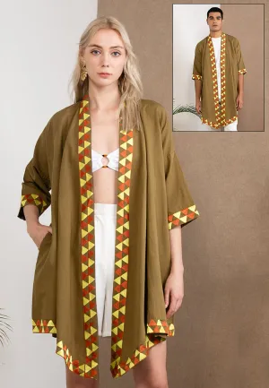 Embroidered Linen Kimono Dark Sage