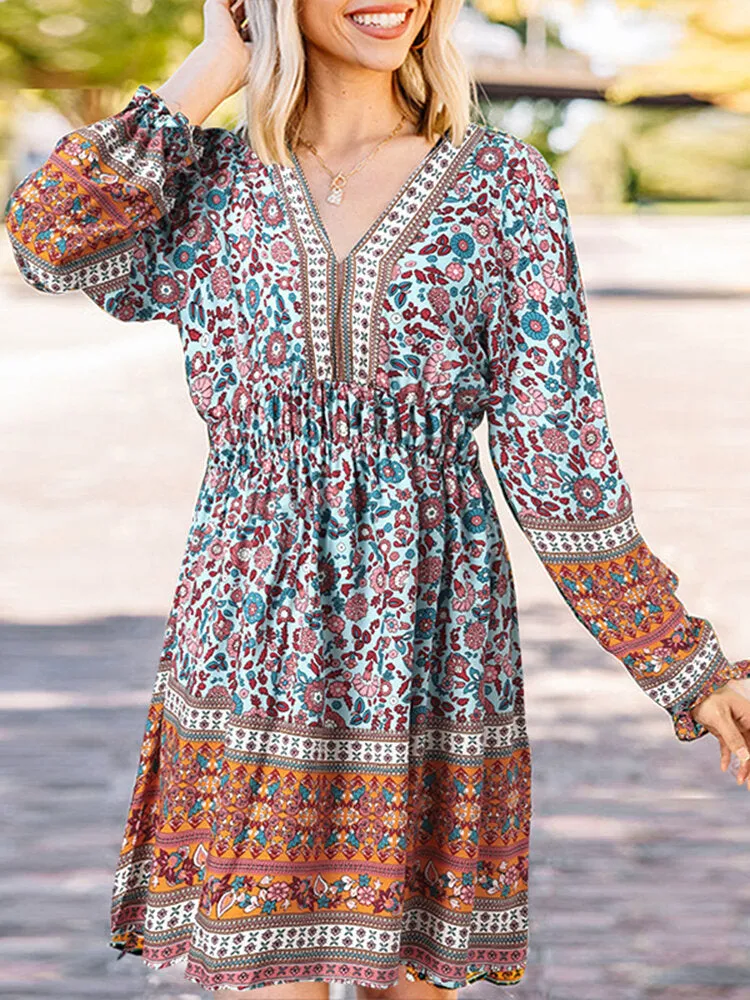 Ethnic Print Patchwork Lantern Sleeve Elastic Waist Midi Dress