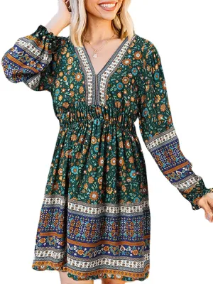 Ethnic Print Patchwork Lantern Sleeve Elastic Waist Midi Dress