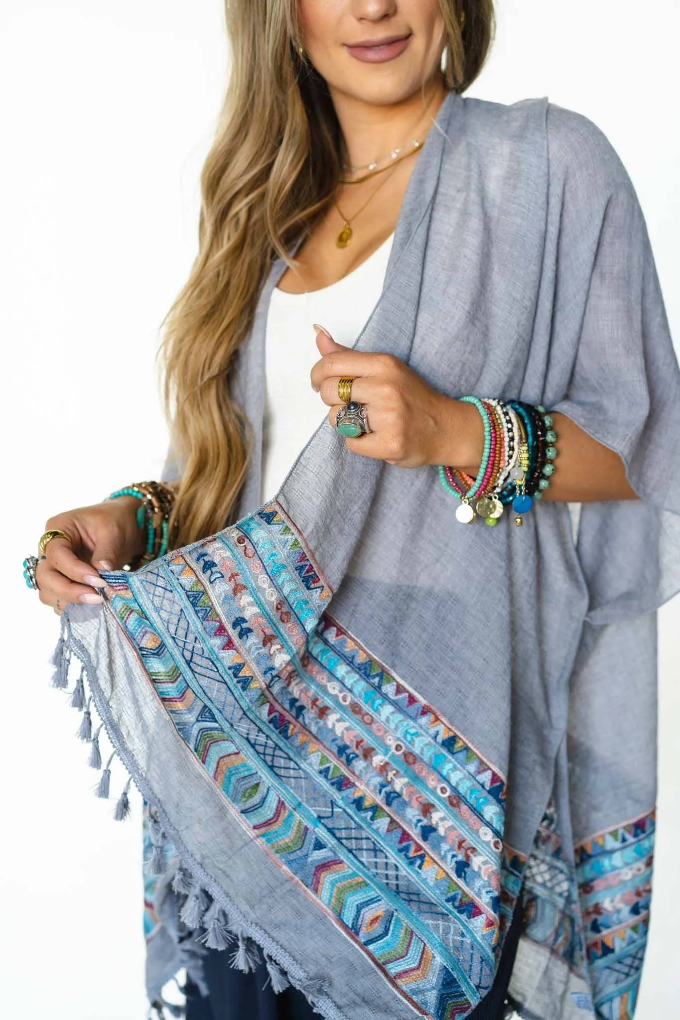 Fallon Embroidered Sleeve Kimono - Gray