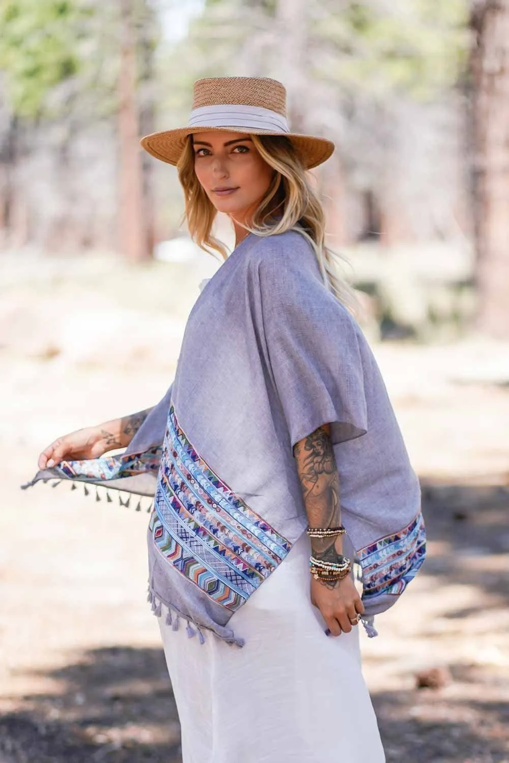 Fallon Embroidered Sleeve Kimono - Gray