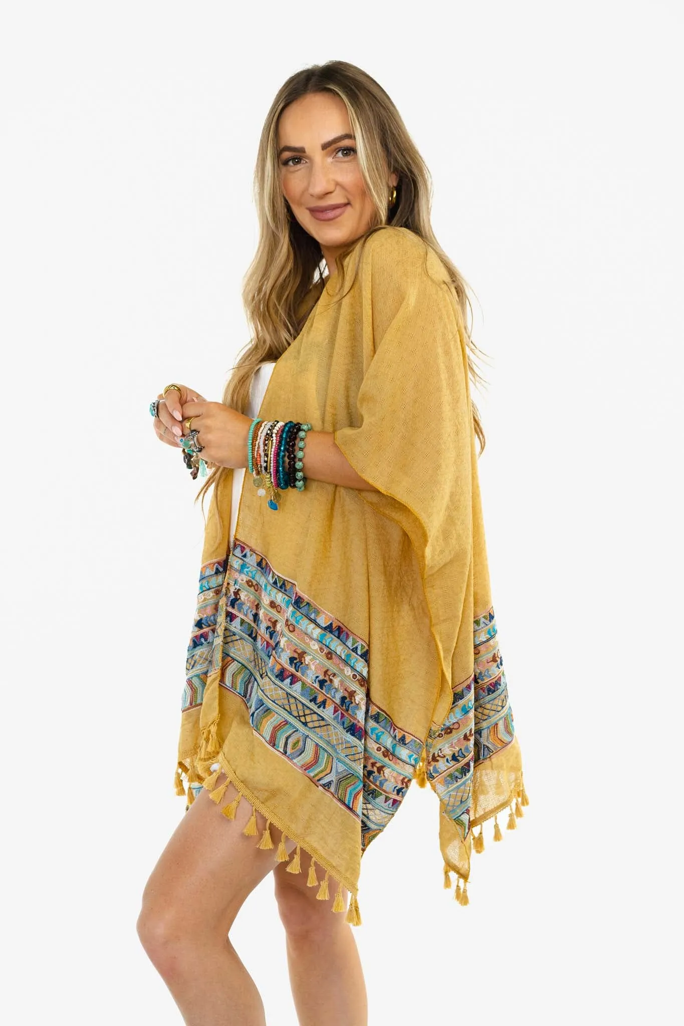 Fallon Embroidered Sleeve Kimono - Mustard