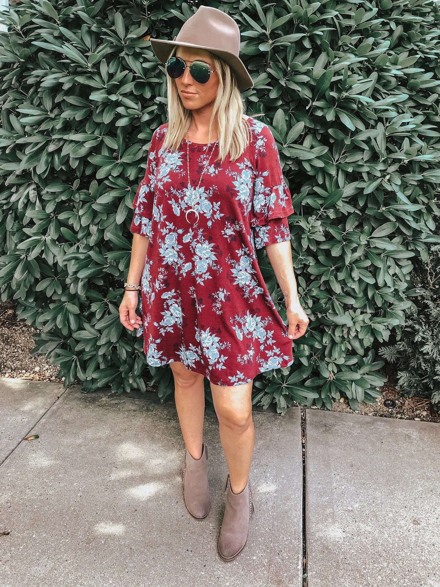 Floral Double Ruffle Sleeve Dress, Plum