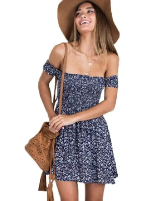 Floral Dresses Women Summer Off Shoulder Dress 2020 Casual Boho Dress Short Sleeve Party Blue Mini Bohemia Sexy Sundress