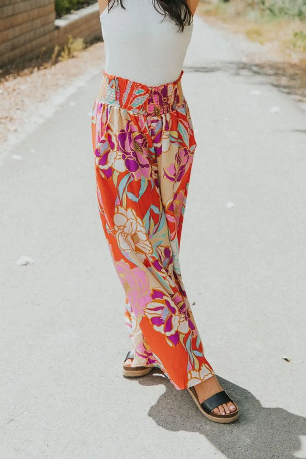 Floral Smocked Waist Pocketed Pants