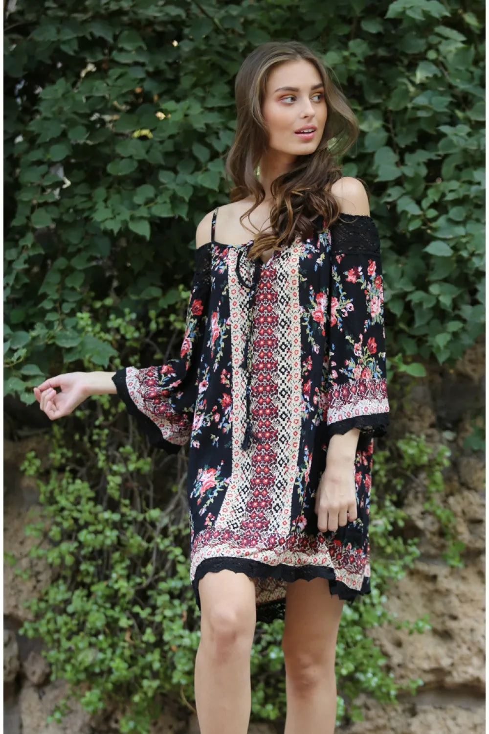 Floral Twin Print Cold Shoulder Dress, Black