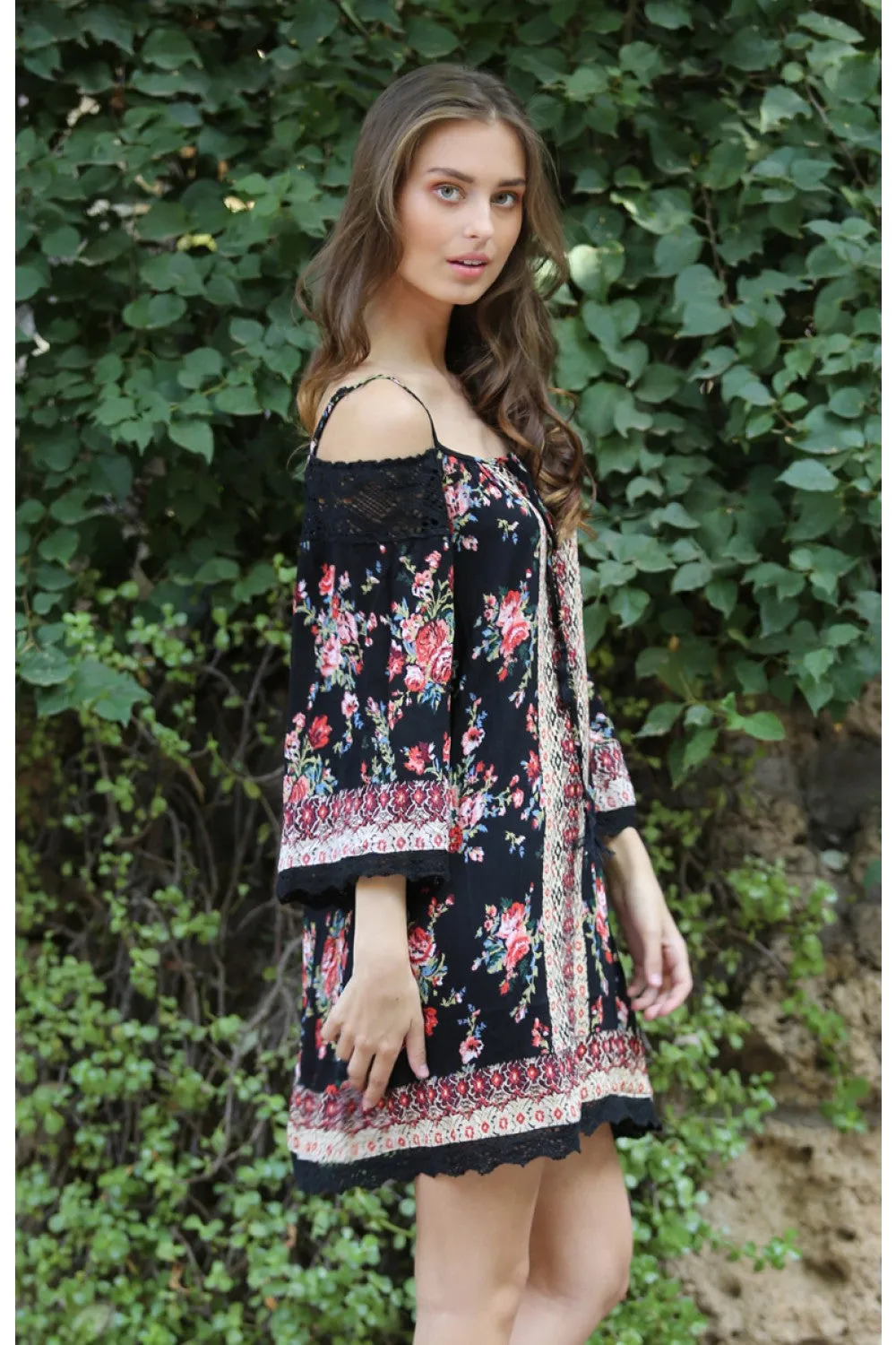 Floral Twin Print Cold Shoulder Dress, Black