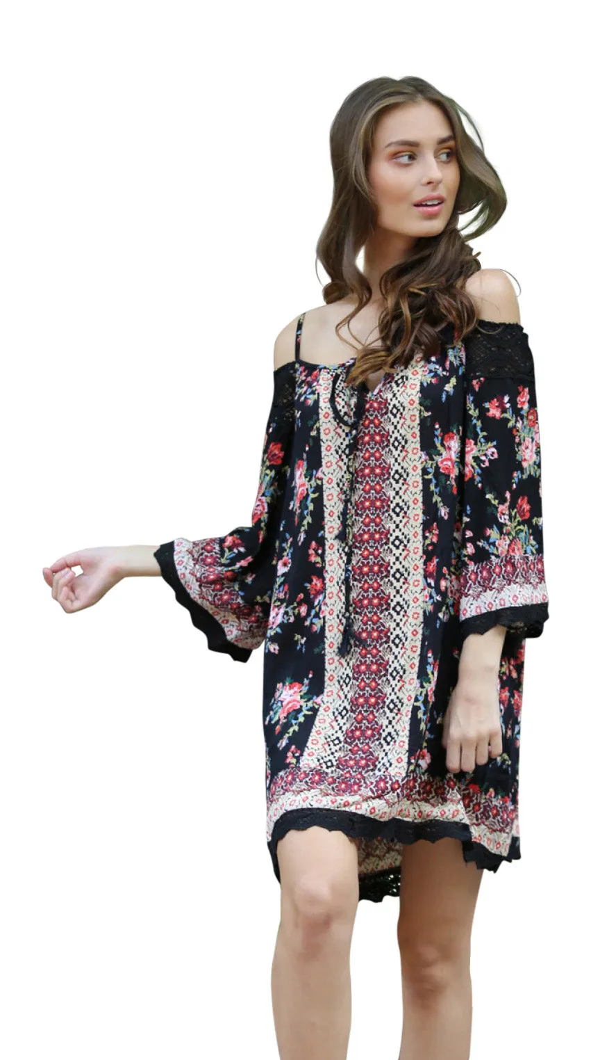 Floral Twin Print Cold Shoulder Dress, Black