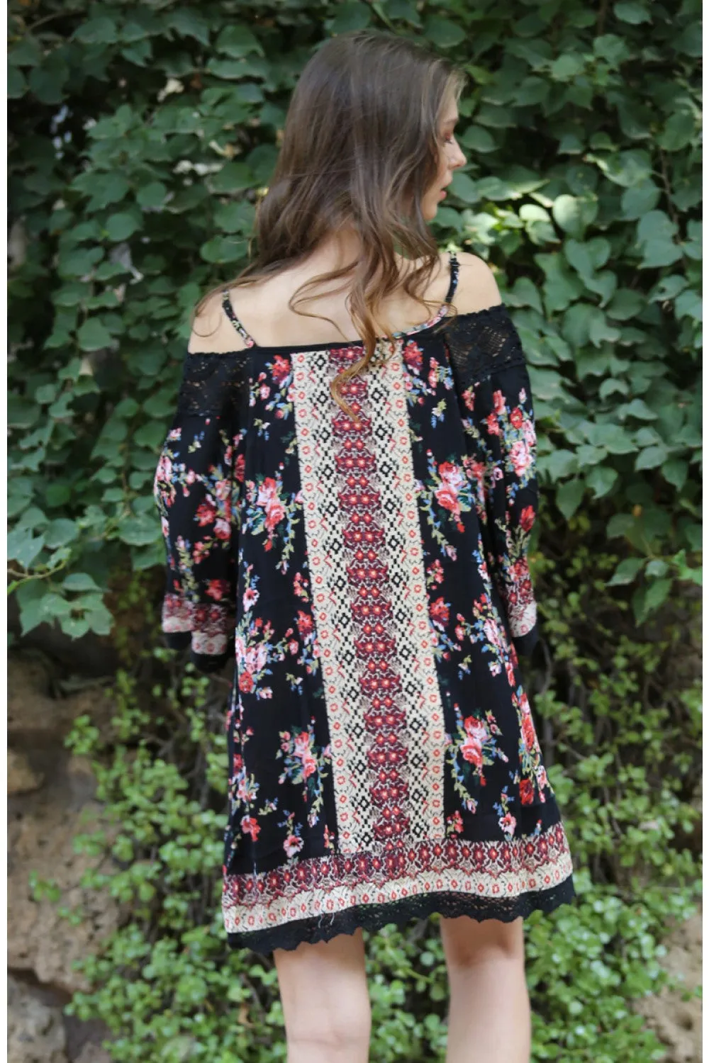 Floral Twin Print Cold Shoulder Dress, Black