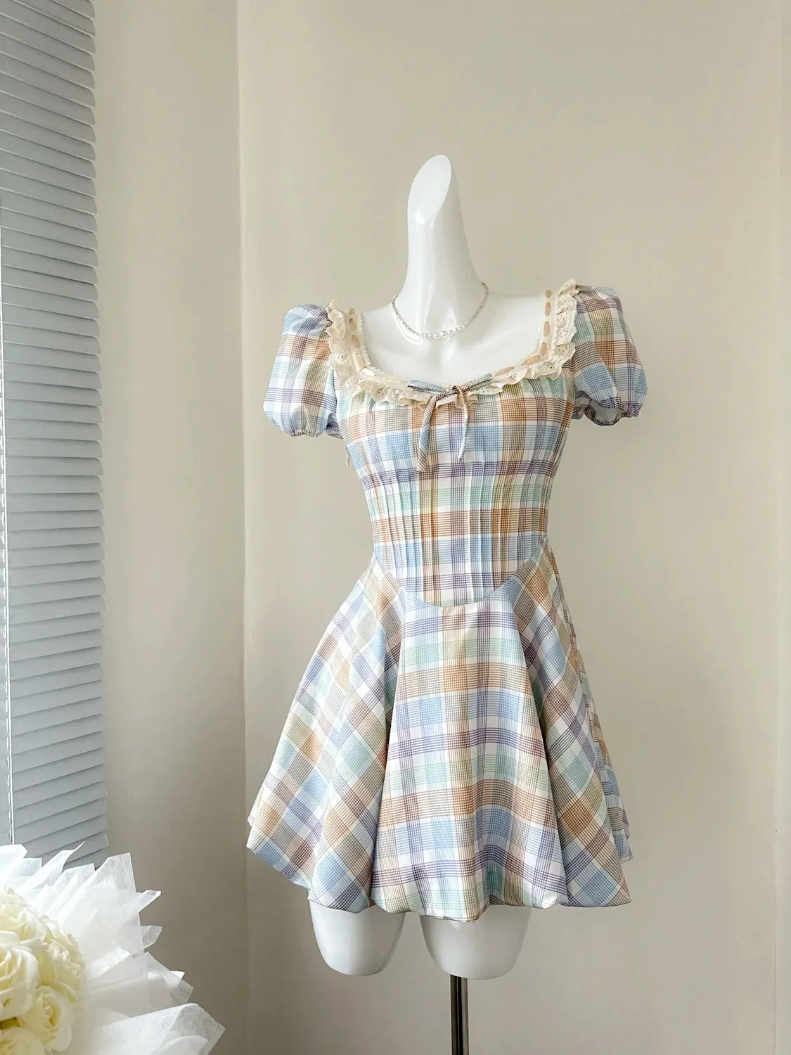 Girlary Summer Korean Sweet Plaid Prom Gown Vintage Mini Square Collar Dress Women 2000s Aesthetic Romantic Frock Evening One-Piece Mori